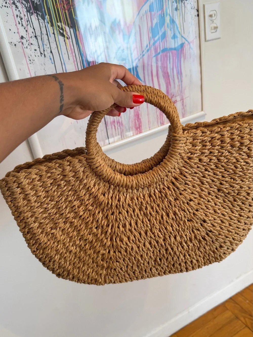 Woven Straw Half-Moon Handbag in Tan